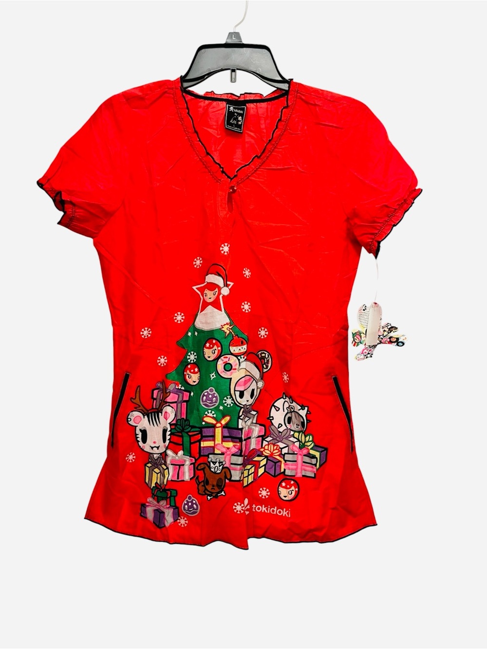 tokidoki x Koi Red Holiday Xmas l with Gift Scene Graphic Brianna Scrub Top